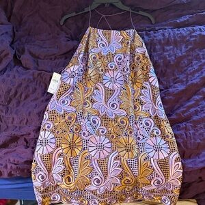 Anthropologie Purple and Gold Colorful Halter Dress with Floral Pattern